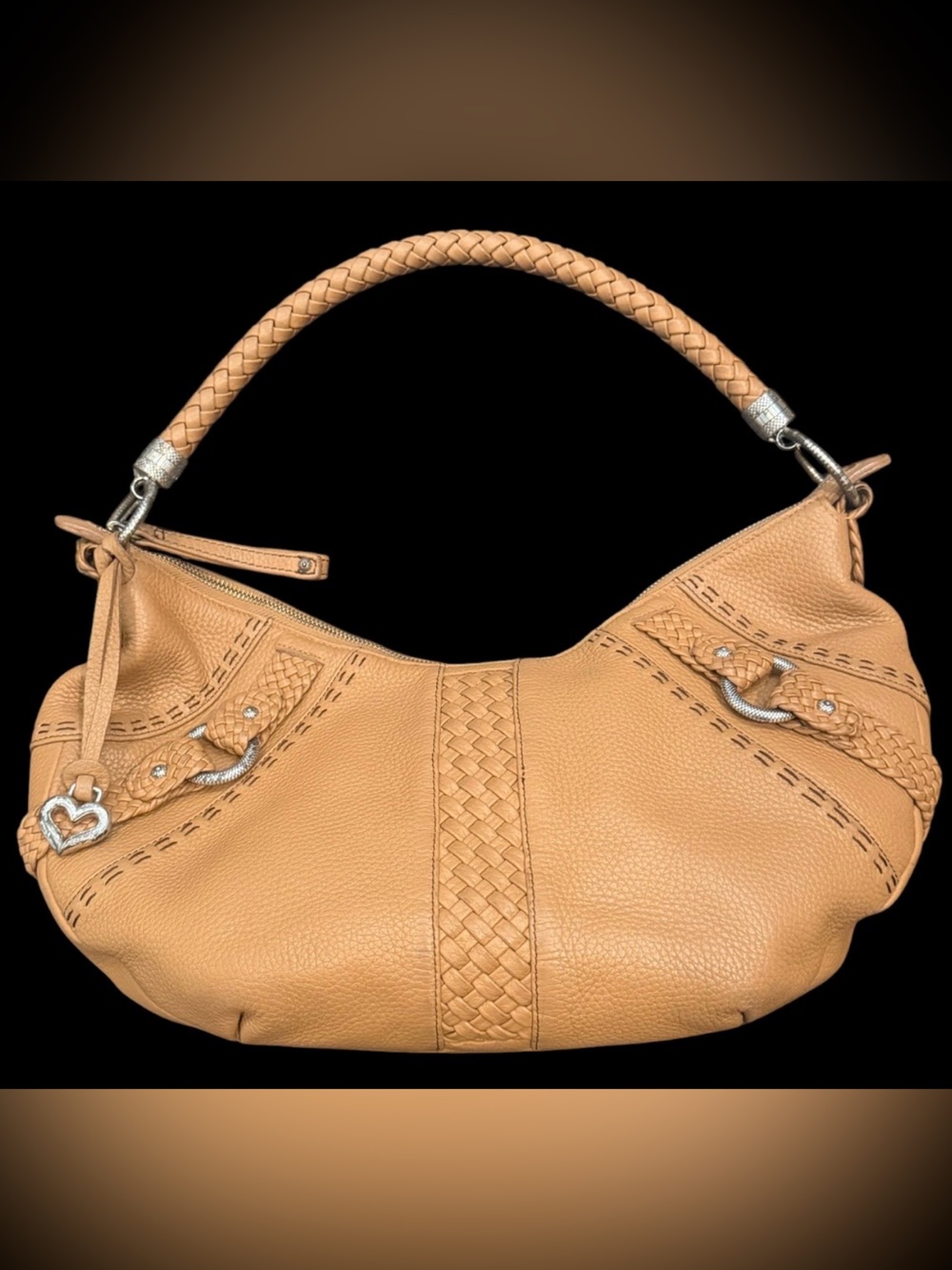 Brighton Ryder Brown Tan Cognac Pebbled Leather Hobo Shoulder Bag